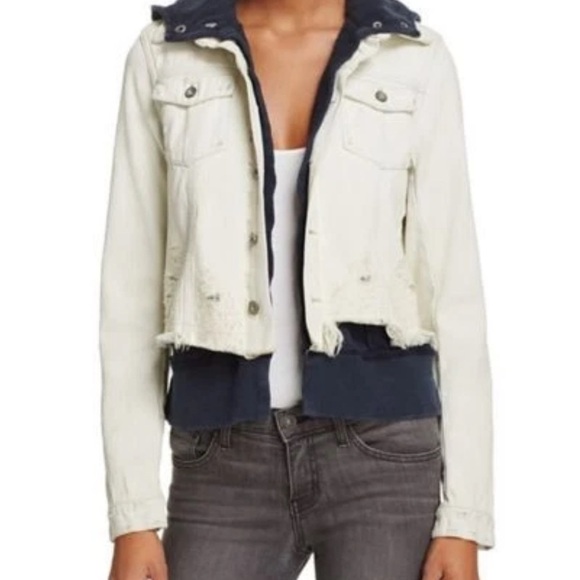 Free People Double Weave Distressed Denim Jacket Fleece Layer With Hood Sz S - Picture 3 of 15